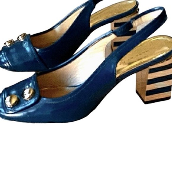 MARC BY MARK JACOBS Heels Sz 5.5 Blue & Gold Stripe Heels, Block - Picture 1 of 15